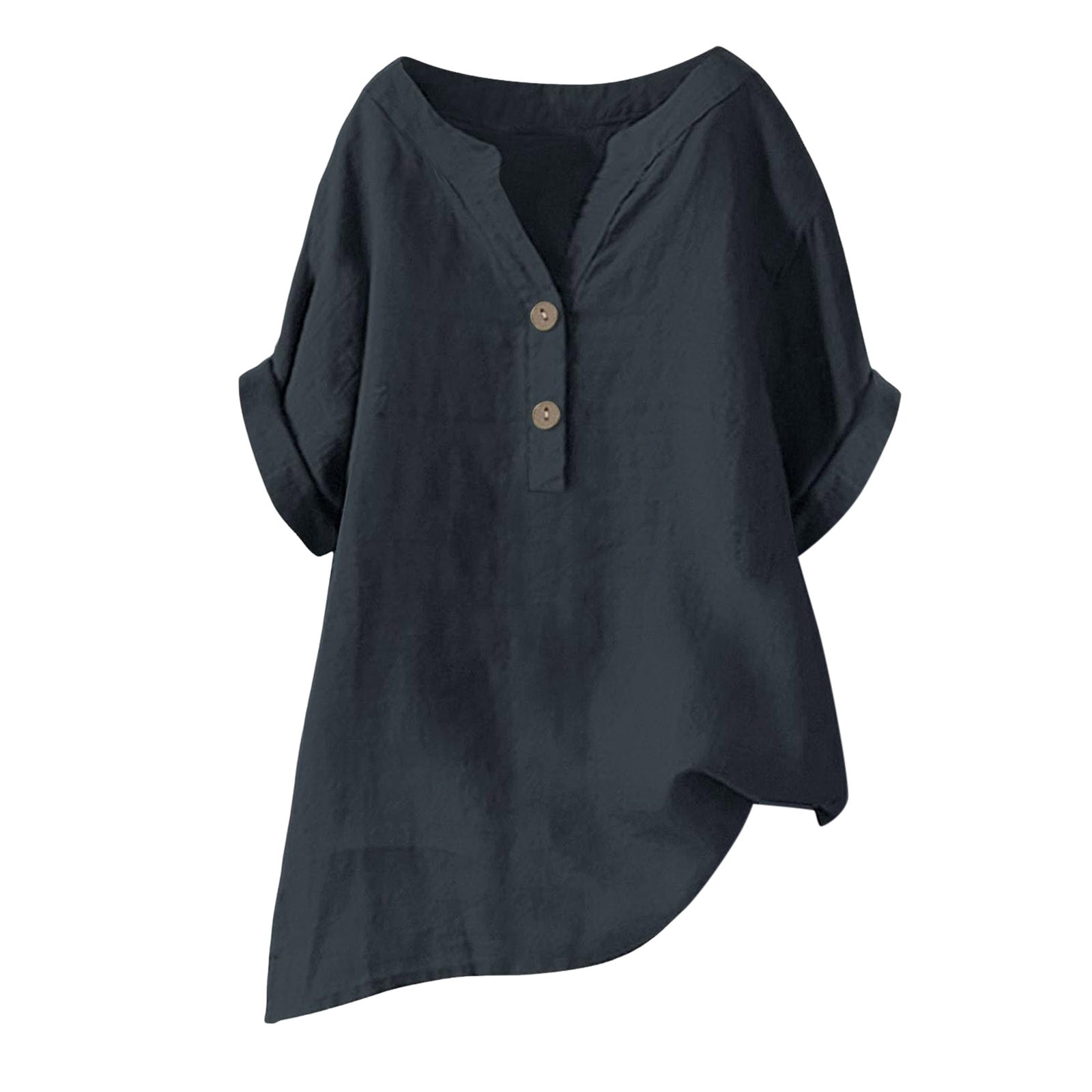 thumbnail image 4 of Blusa holgada con botones para mujer: manga corta, cuello en V, color liso, camisa informal para uso diario/trabajo, tallas S/XXXXXL., 4 of 4